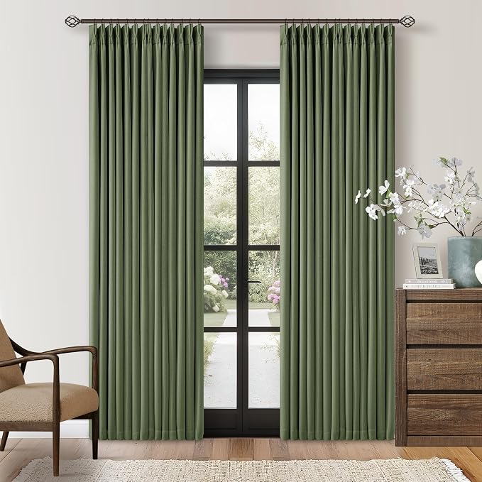 80 Inch Olive Green Linen Pinch Pleated Blackout Curtains - Image 9