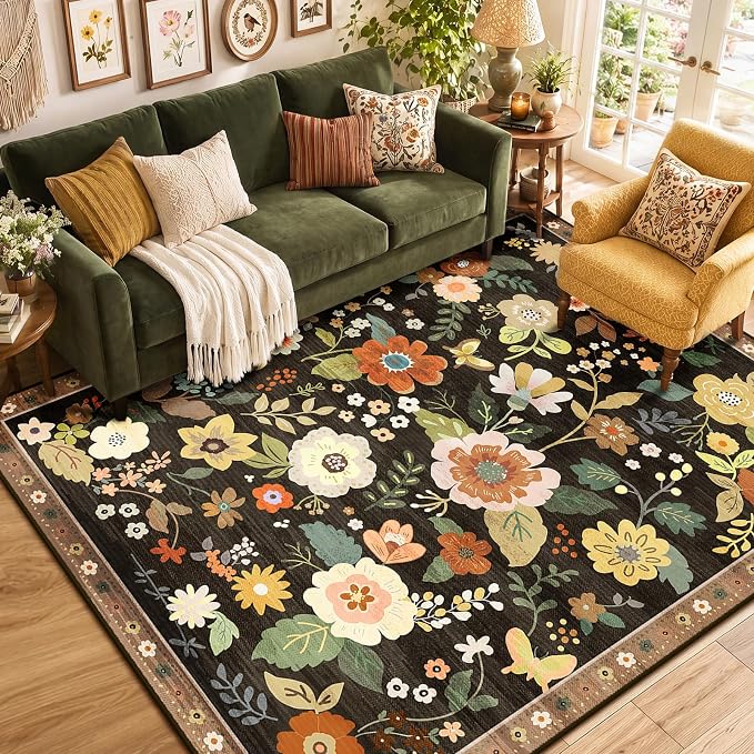 RELEANY Floral Washable 6x9 Area Rugs Black/Yellow | Flower Carpet Print Boho by RELEANY