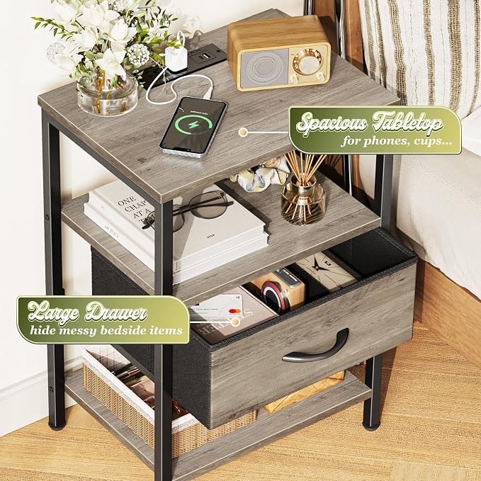 SUPERJARE Nightstand with Charging Station, Bed Side Table with Adjustable - Image 5