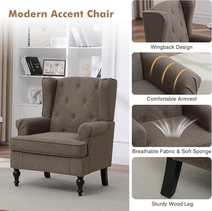 Accent Chair for Living Room, Mid Century Modern Upholstered Armchair, Wingback - Image 5