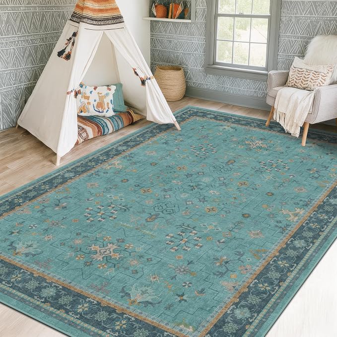Large Boho 8x12 Teal Green Washable Living Room Rug - Image 8