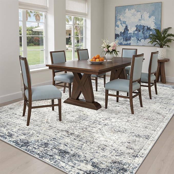Soalmost 5x7 Area Rugs Blue/Ivory Low Pile Washable Trendy Faded Style Rug | - Image 4