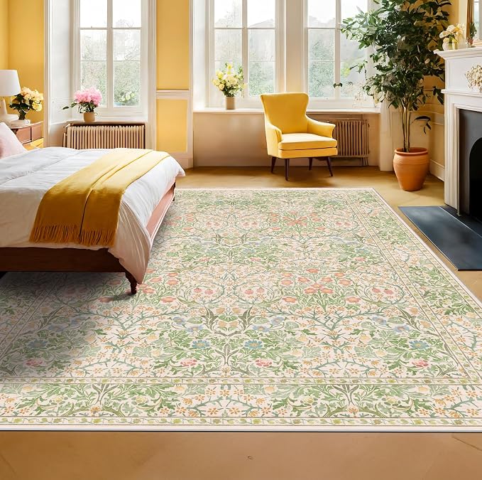 Light Beige Green Floral Living Room Rug, 7x9 Washable Area Rug - Image 4
