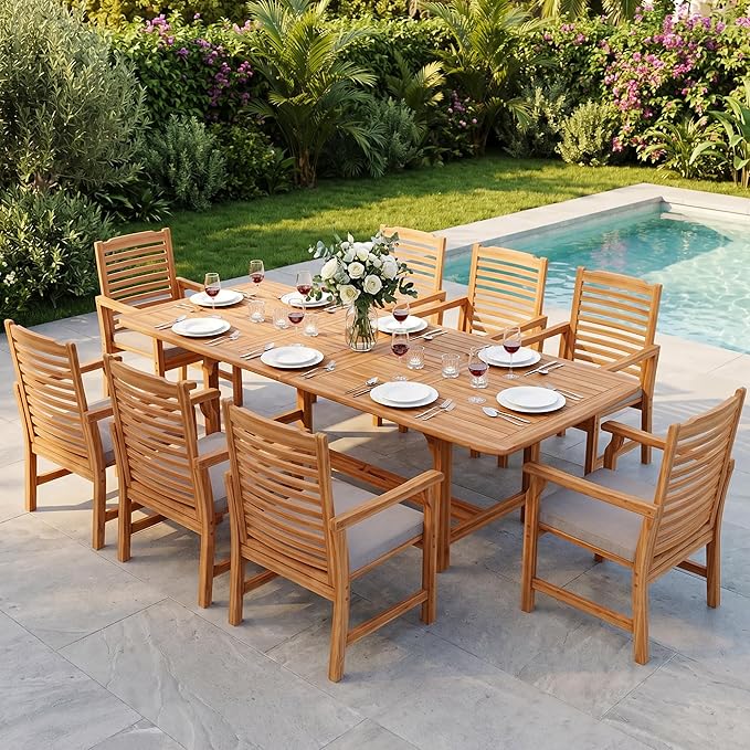 PHI VILLA 9 Pieces Acacia Wood Patio Dining Set by PHIVILLA