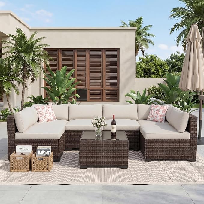 GarveeHome 7-Piece Modular Outdoor Patio Set, Sectional Rattan Wicker Sofa - Image 7