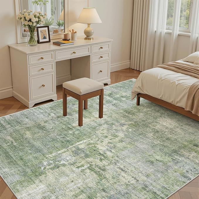 Soalmost Abstract 7x9 Area Rug for Living Room Washable Rugs Green/Ivory | - Image 4