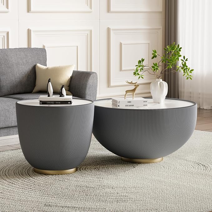 Henf Marble Round Side Table, 19.7" Fluted End Table - Image 7