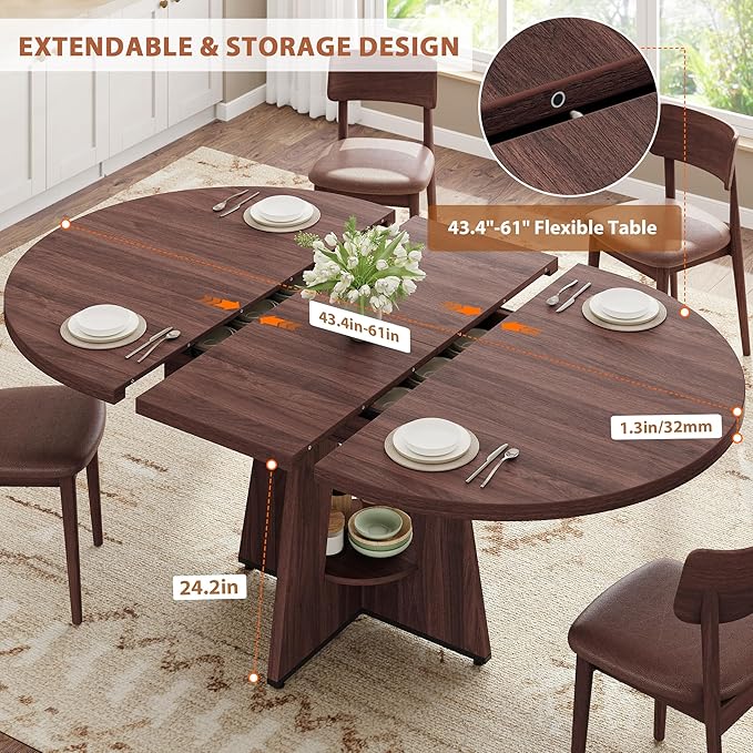 Extendable Dining Table, Round Kitchen Dining Room Dinner Table - Image 6