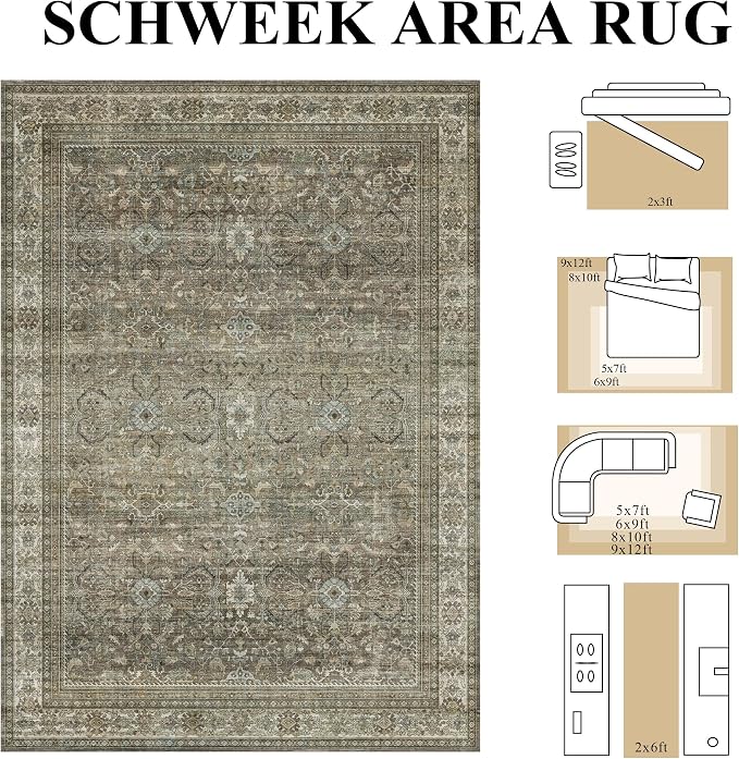 Schweek 9x12 Area Rug Brown Grey Washable Neutral Vintage Distressed Rugs | - Image 2