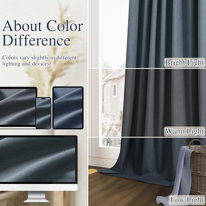 Vintage Blue 100% Blackout Linen Curtains 84 Inch Length 2 Panels Set - Image 7