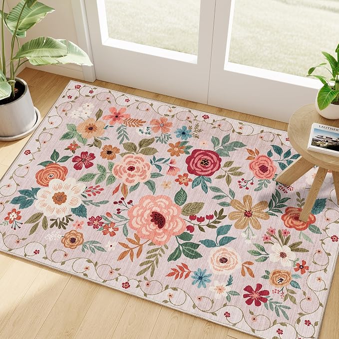 DUKINO 2x3 Entryway Rug, Floral Door Mat Soft Washable Rug Non Slip, by DUKINO