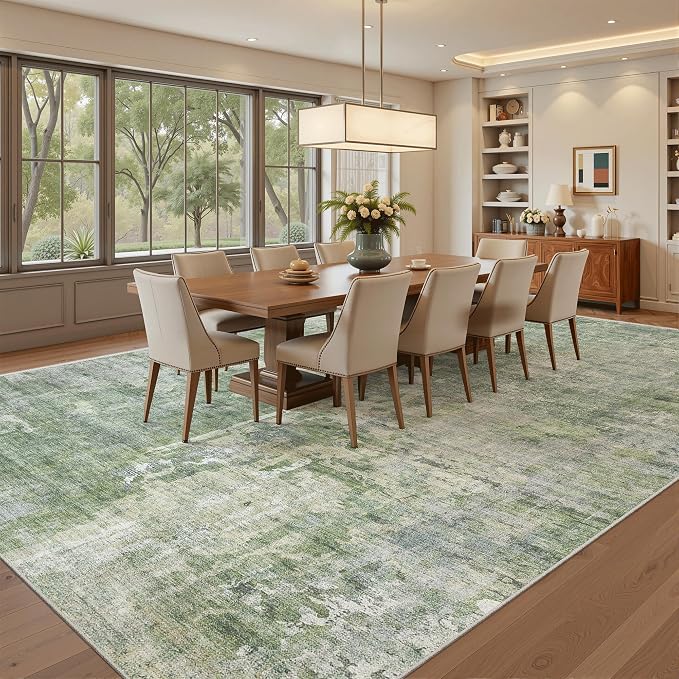 Soalmost Abstract Rug 8x10 Large Living Room Area Rugs Washable Green/Ivory | - Image 4