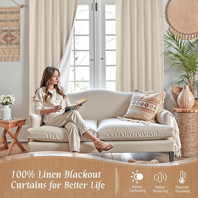 Oatmeal 100% Blackout Linen Curtains 60 Inches - Image 2