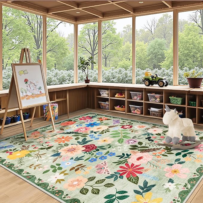 PLHXFR Area Rug Living Room: 4x6 Floral Washable Boho Soft Carpet Green | - Image 5