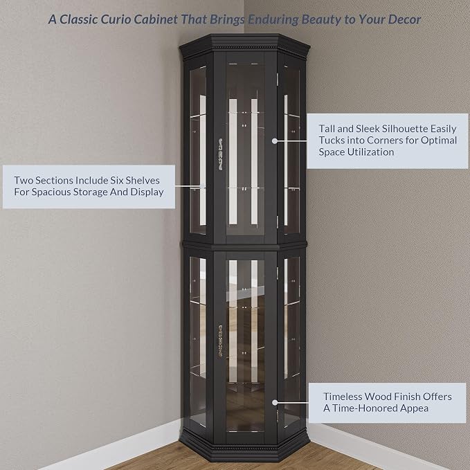 BELLEZE Lighted 3-Side Glass Display Curio Cabinet w/Tempered Glass Doors & - Image 5