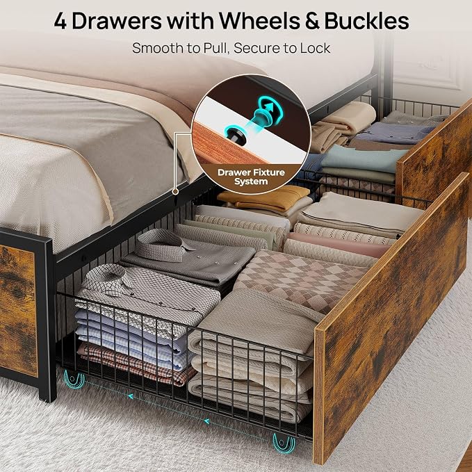 Rolanstar Twin Bed Frame with 4 Storage Drawers, Charging Station and LED Lights - Image 4