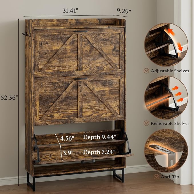 BORNOON Shoe Cabinet with 3 Flip Drawers Narrow Shoe Storage Cabinet Organizer - Image 2