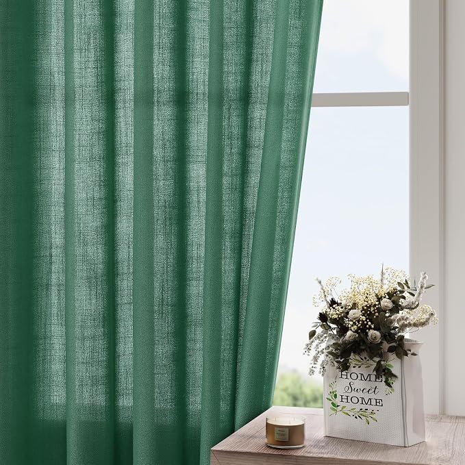 Dark Green Linen Curtains 84 Inch Length 2 Panels Set - Image 4