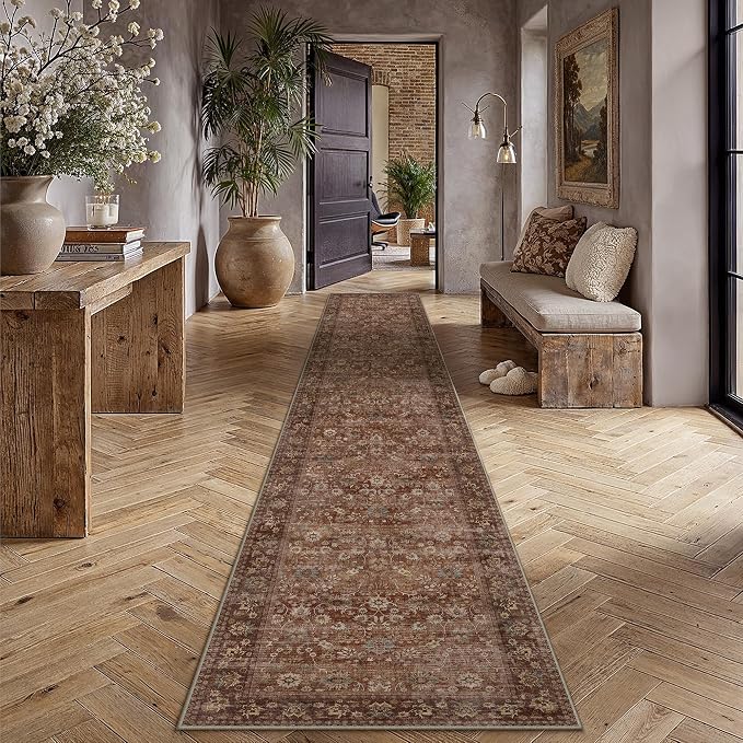 2x12 Brick Red Vintage Floral Washable Runner Rug - Image 2