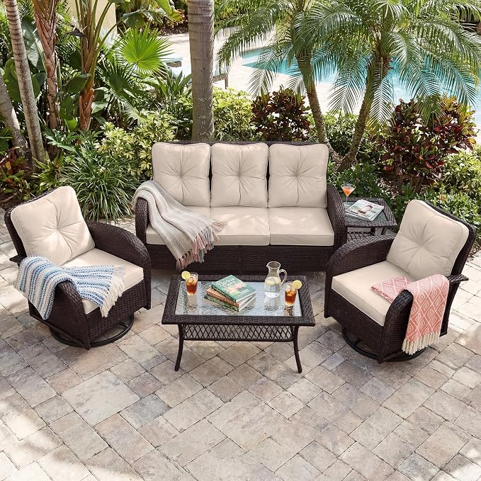 UPHA 5 Pieces Patio Furniture Sets, Wicker Outdoor 3-Seat Sofa Set - Image 5