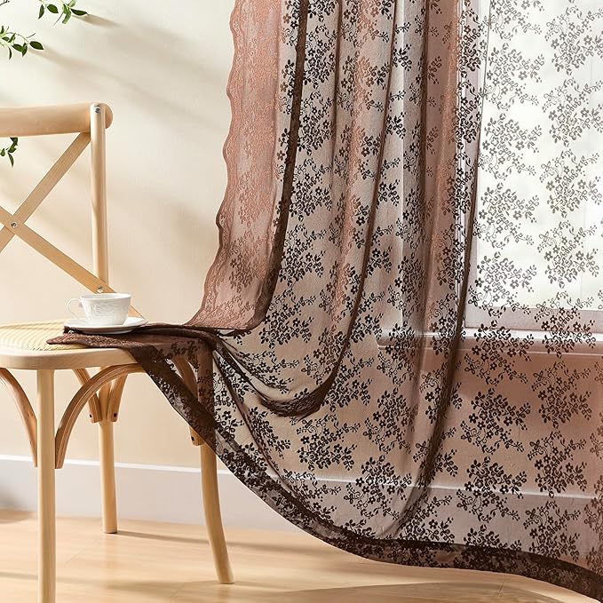 YJ YANJUN Vintage Lace Curtains 72 Inches Long- Country Brown Floral Curtains - Image 4