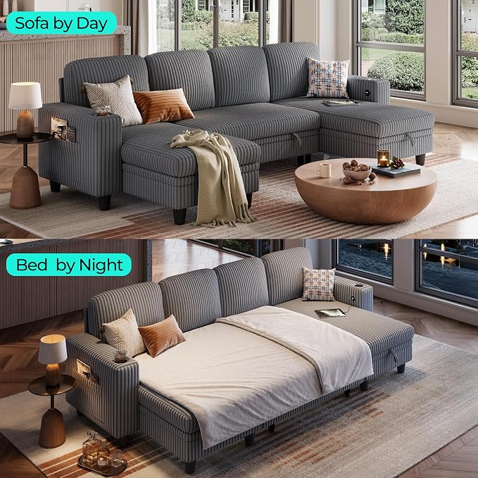 LINSY HOME Sectional Sofa with Pull Out Bed, 4 Seats Corduroy Reversible - Image 3