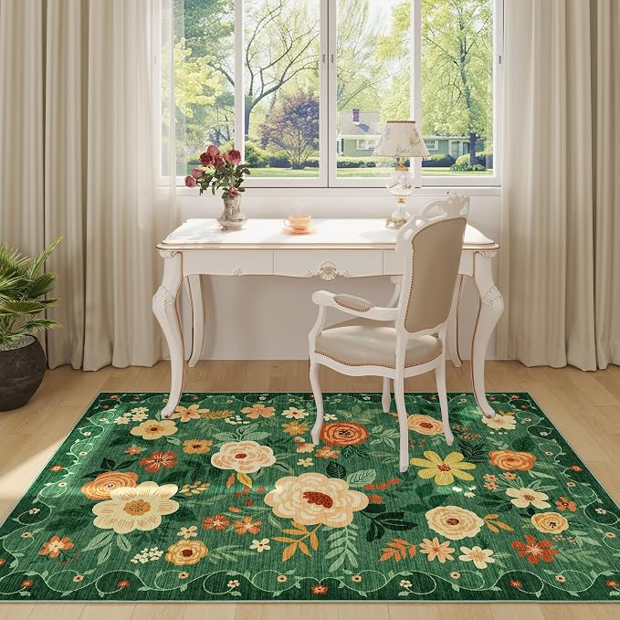 DUKINO 4x6 Area Rug, Floral Washable Office Chair Rug Non Slip, Dark Green | - Image 3