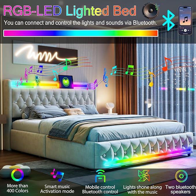 Music Player Bed with Bluetooth Speakers, Queen Size Smart Bed, USB&Type C - Image 4