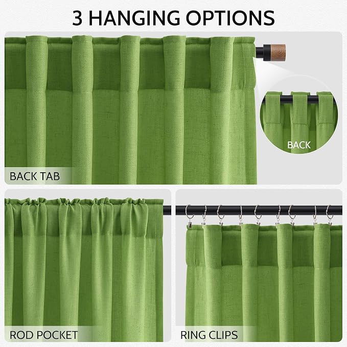Lime Green Linen Blend Light Filtering Back Tab Curtains 102 Inches Long - Image 3