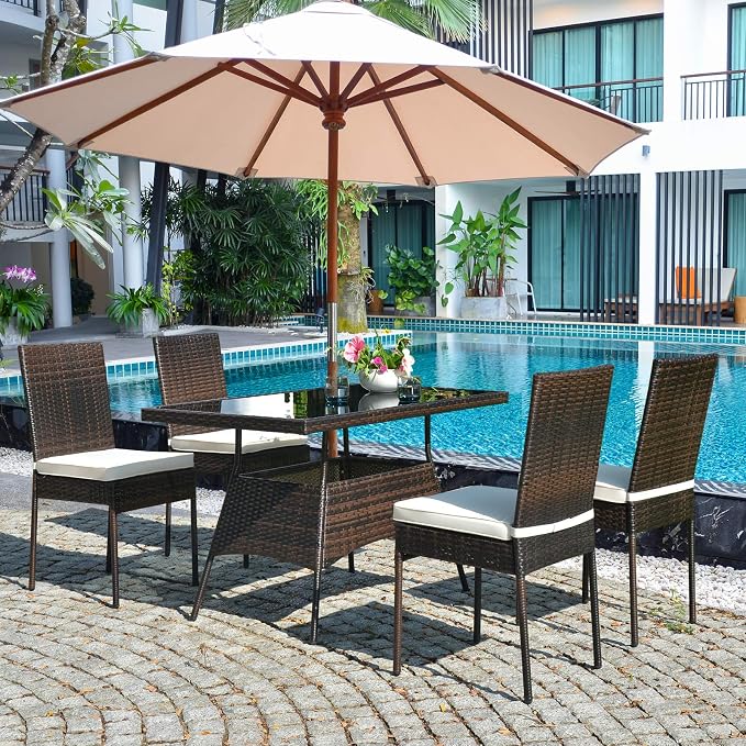 Tangkula 5 Piece Patio Wicker Dining Set, Outdoor Rattan Table and Chairs - Image 2