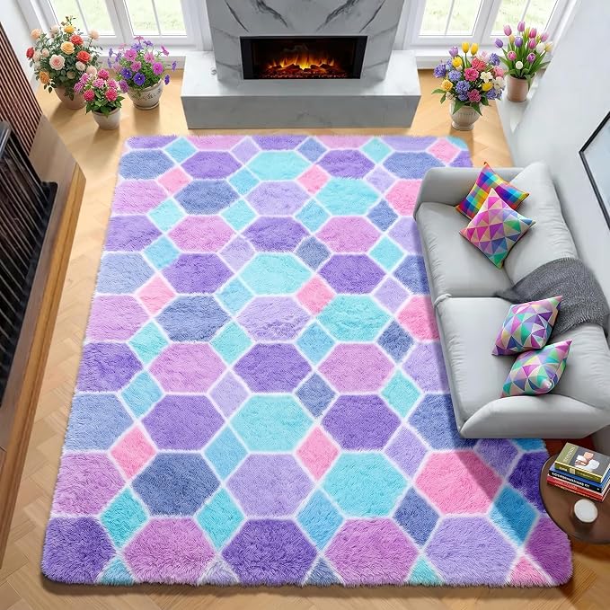 Checkered Purple Rainbow Area Rugs, Fluffy 5x8 Geometric Rug Girls Bedroom | - Image 5