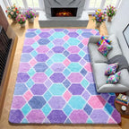 Checkered Purple Rainbow Area Rugs, Fluffy 5x8 Geometric Rug Girls Bedroom | - Image 5