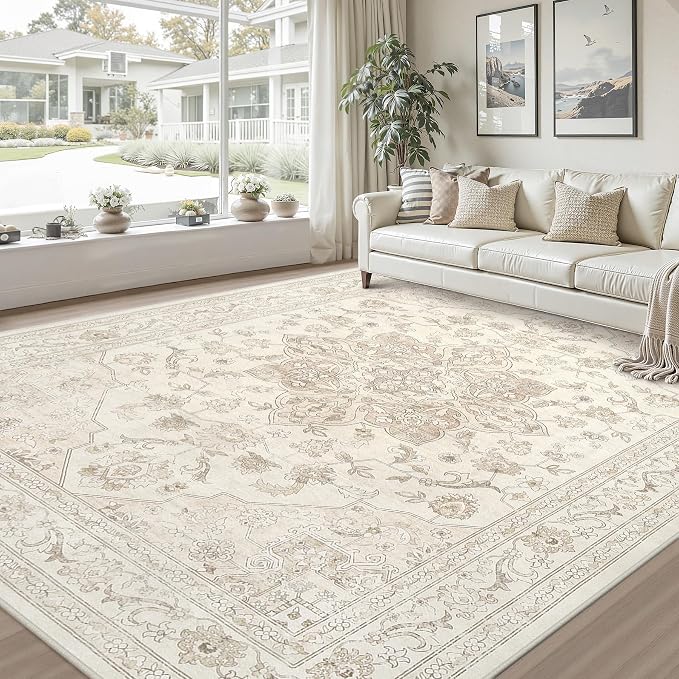 10x14 Area Rugs Living Room: Bedroom Washable Carpet Beige White | Vintage Boho - Image 9