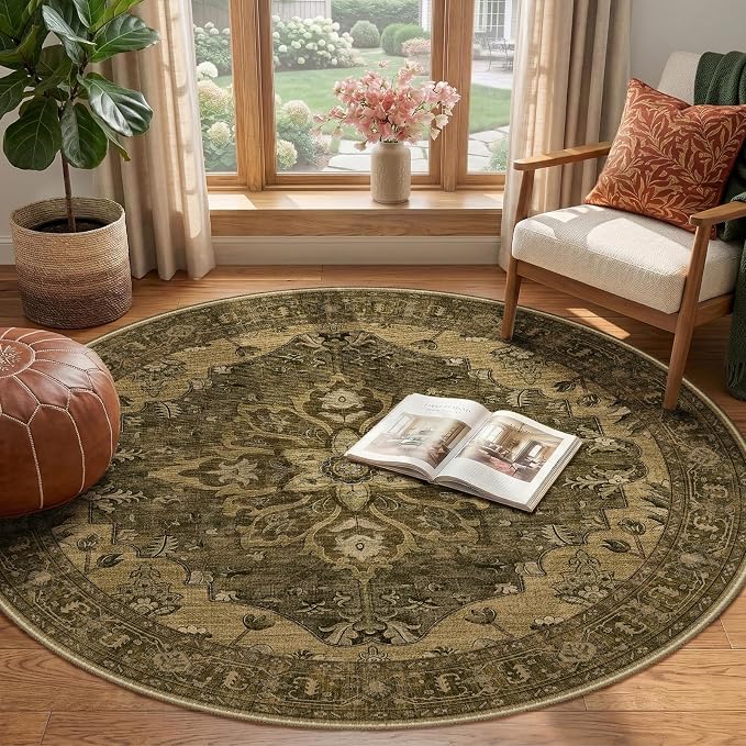 RELEANY Washable Area Rug, Round 4ft, Water Repellent, Pet Friendly, Vintage - Image 2