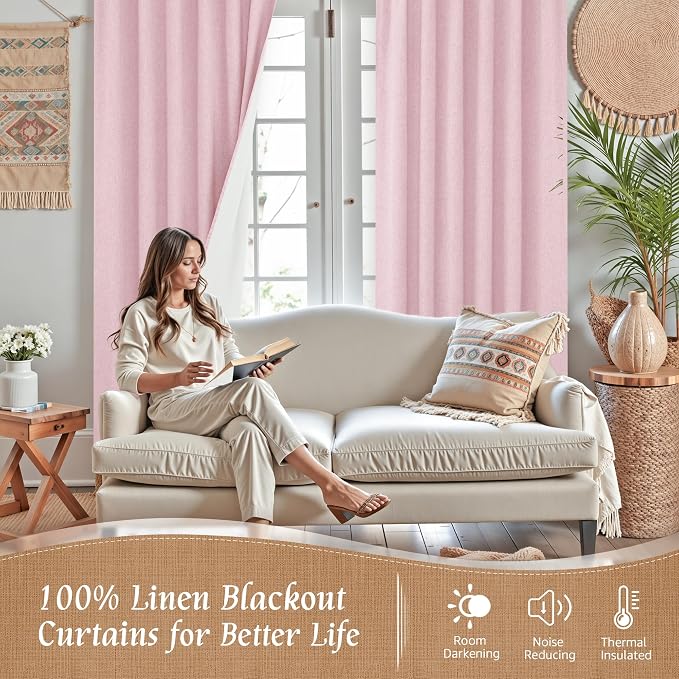 100% Blackout Pink Linen Curtains 63 Inches - Image 2