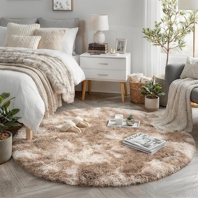 Amdrebio Beige Tan Round Small Area Rug 4Ft by Amdrebio