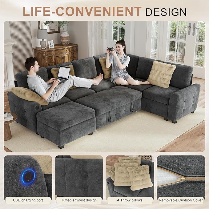 Hanherry Sectional Couch with Pull Out Sofa Bed, Chenille Sleeper Sofa with - Image 5