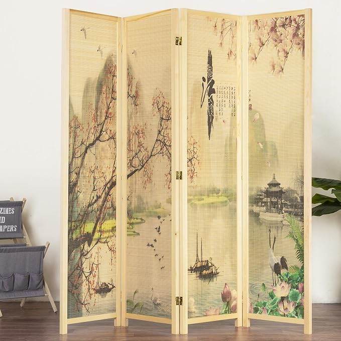MyGift 4-Panel Folding Bamboo Room Divider Asian-Inspired Cherry Blossom Scene - Image 4