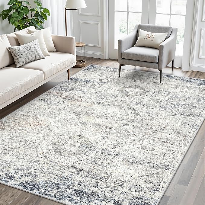 Soalmost 6x9 Area Rug for Living Room Washable Rugs Non-Slip Blue/Ivory | - Image 2