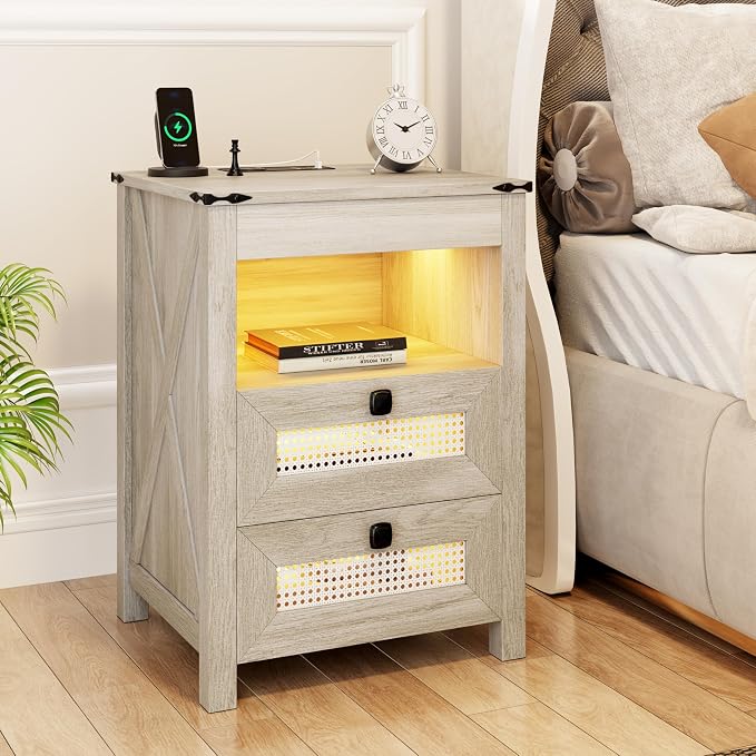 Farmhouse Night Stand with Gun Drawer, Bedside Table with Charger Station by ACTKISS
