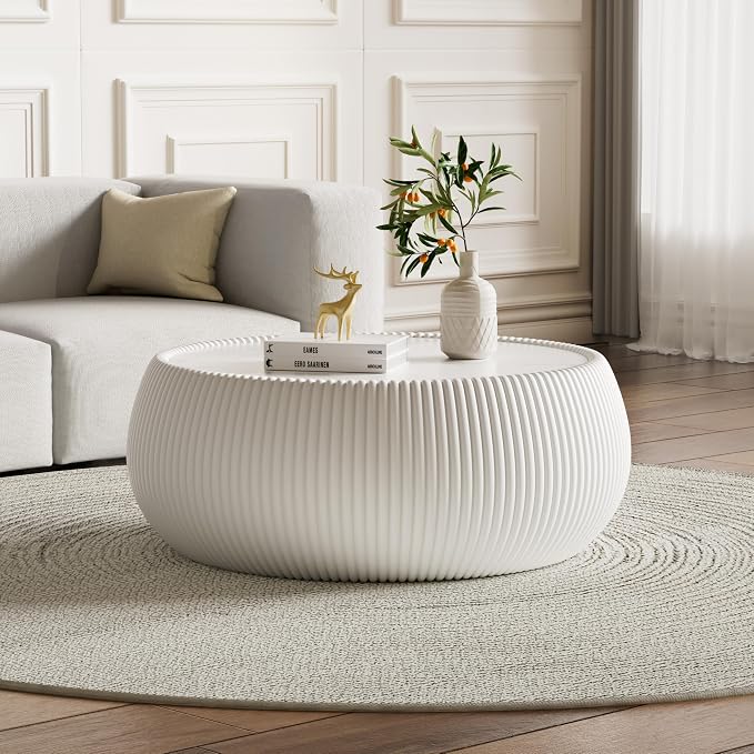 27.55" Round Marble Coffee Table, Modern Drum Coffee Cocktail Center Tables - Image 4