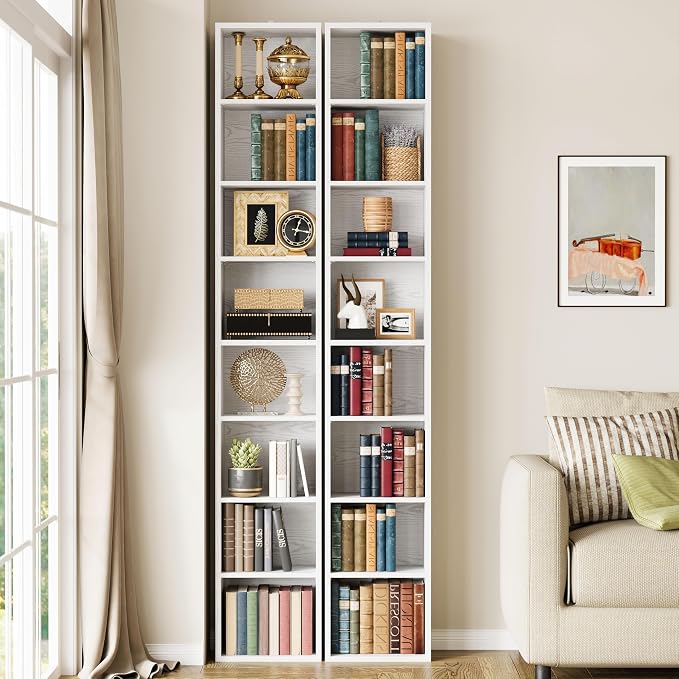 IRONCK Tall Narrow Bookshelf 8 Tiers 71in Set of 2, Compact Corner Bookcase - Image 2