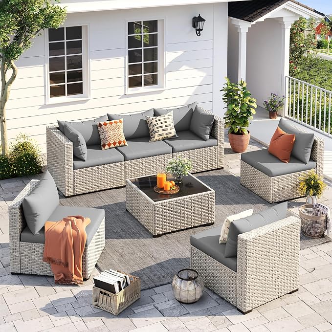 UDPATIO Outdoor Patio Furniture Set, 7-Piece PE Wicker Sectional Sofa by UDPATIO