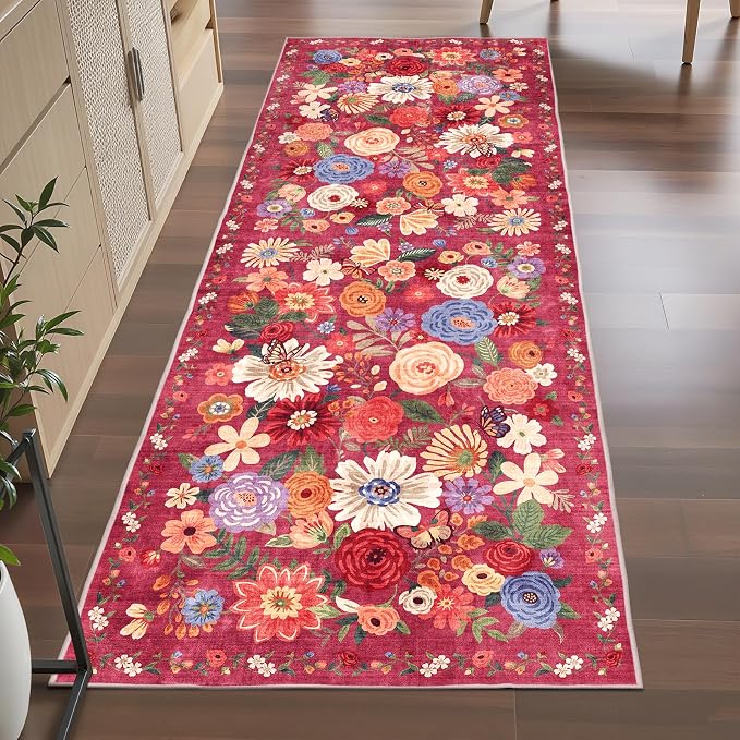 Red Hallway Runner Rug 2x6 for Bedroom Kitchen | Rubber Backing; Non Slip; by WelcometoBabovid