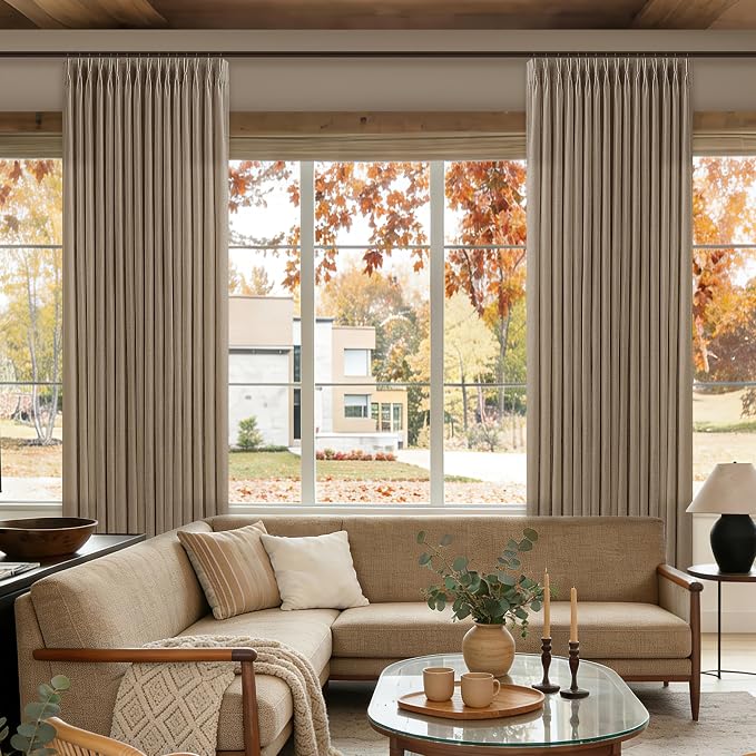 84 Inch Latte Linen Pleated Semi Sheer Vintage Curtains - Image 8