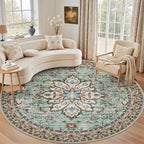 Round Area Rug for Living Room: 4ft Boho Washable Rug Brown Green | Vintage by EXPEDIX