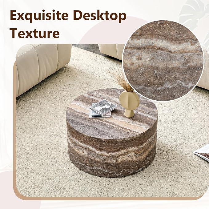 Round Coffee Table, 23.6" Modern Grey Faux Marble Drum Coffee Table, Round - Image 4