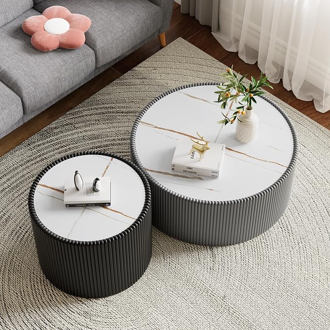 2-Piece Round Nesting Coffee Table Set, 29.52" Marble Coffee Table and End - Image 4