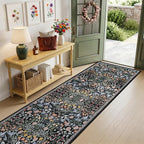 PLHXFR 2.6x14 Washable Runner Rug：Floral Indoor Kitchen Carpet Dark Black | - Image 2