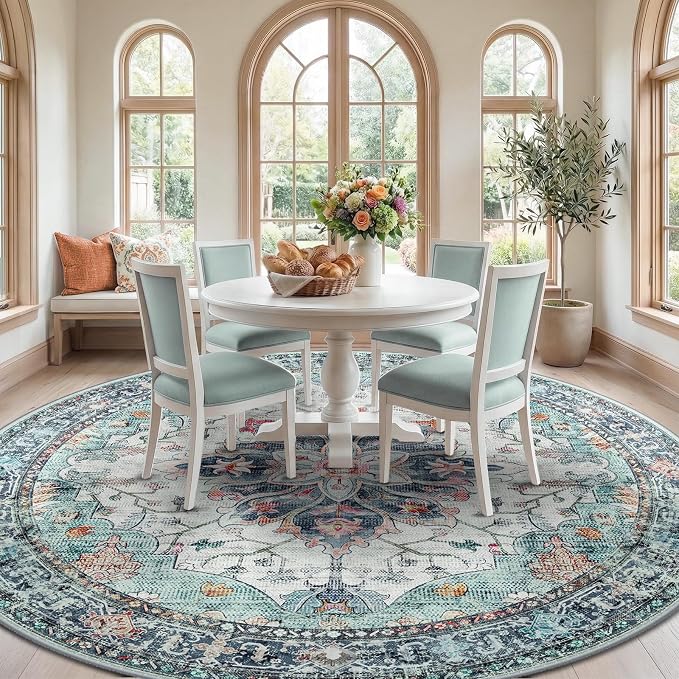 RELEANY Washable Area Rug, Round 10ft, Teal Green/White/Navy | Non-Slip - Image 3